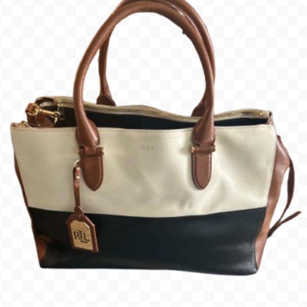 Lauren Ralph Lauren Colorblock Satchel Tote Black Cream Brown Shoulder Bag